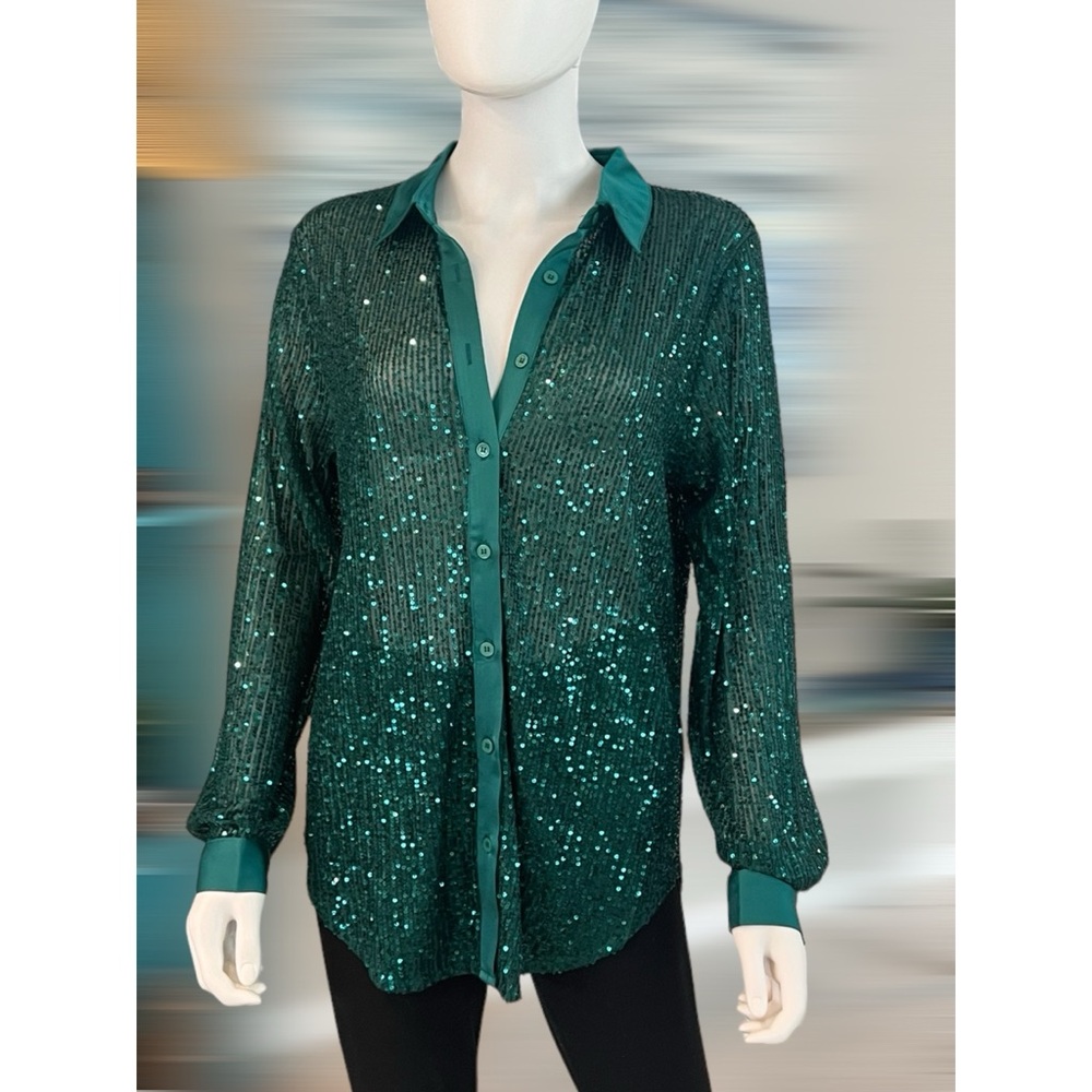 EDIT BY NINE emerald green sequin blouse S M L - Picture 3 of 5